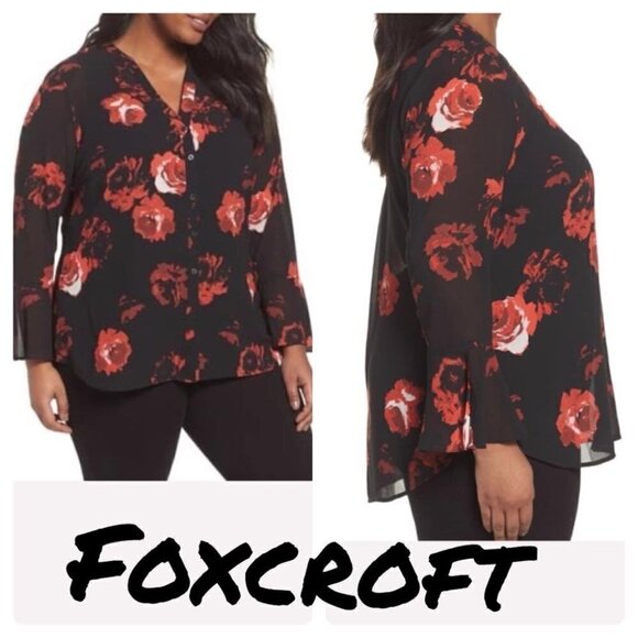 FOXCROFT Ali Painterly Rose Chiffon floral Blouse bell sleeve v-neck flowy boho - Picture 1 of 12